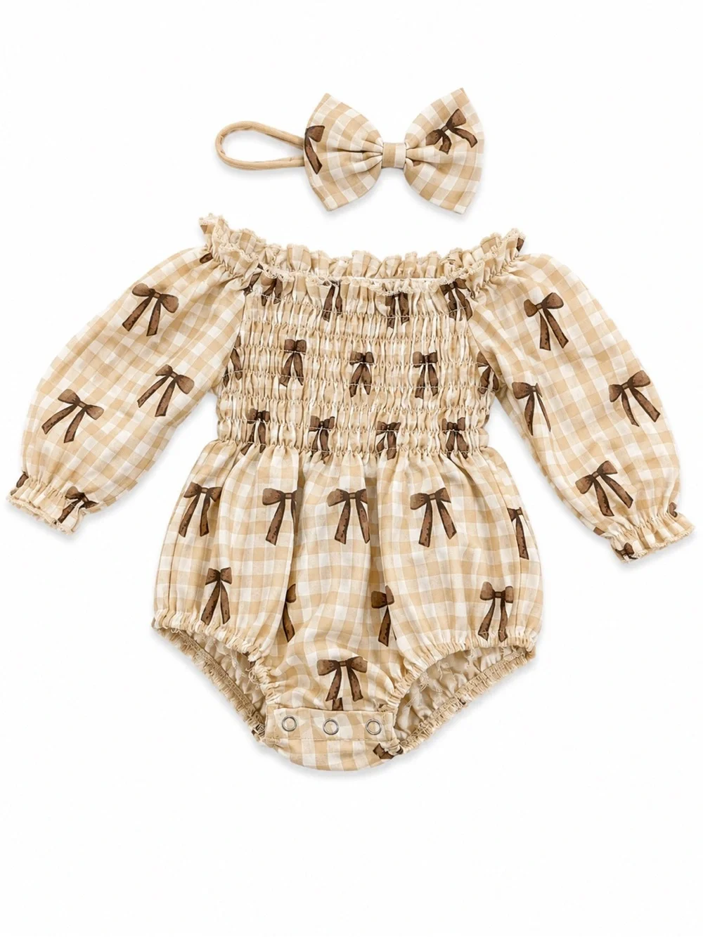 NWOT Beige Gingham Bow-Print Baby One-Piece Romper